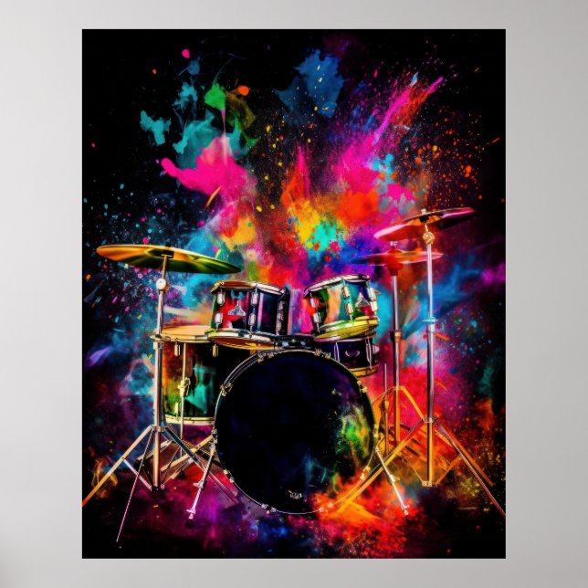 Drumset with exploding colors poster (Front)