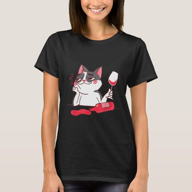 Drunk Cat Drinking Wine T-Shirt (Front)