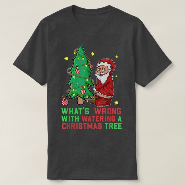 Drunk Garden Gnome Peeing Christmas Tree Drinking  T-Shirt (Design Front)