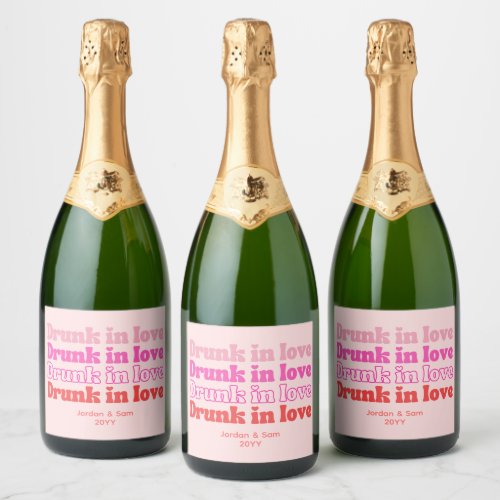 Drunk in Love Bachelorette Party Retro Pink Sparkling Wine Label