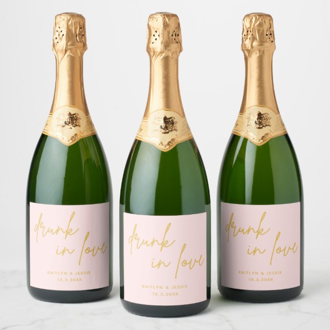 Drunk in Love Minimalist Pink Wedding Reception Sparkling Wine Label (Bottles)