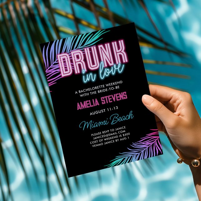 Drunk In Love Neon Blue & Pink Tropical Bach Invitation (Creator Uploaded)