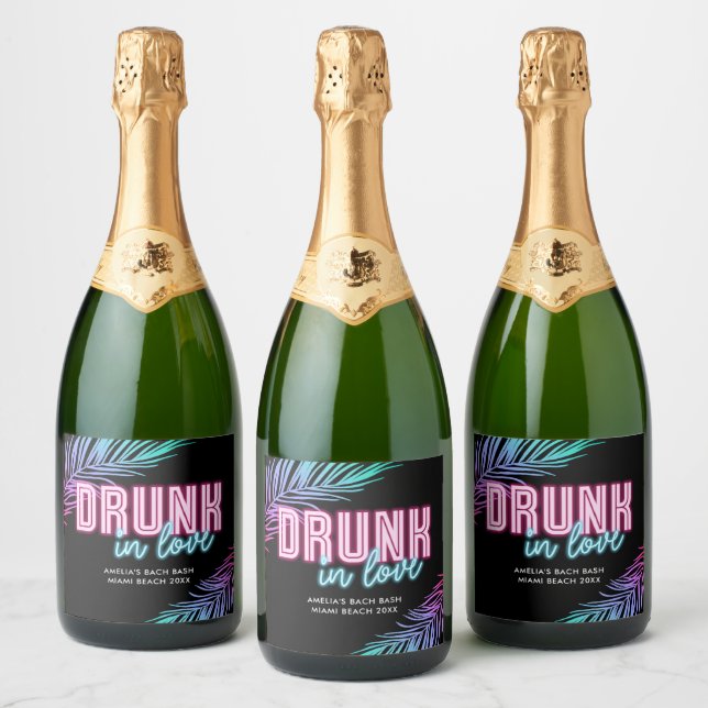 Drunk In Love Neon Blue & Pink Tropical Bach Sparkling Wine Label (Bottles)