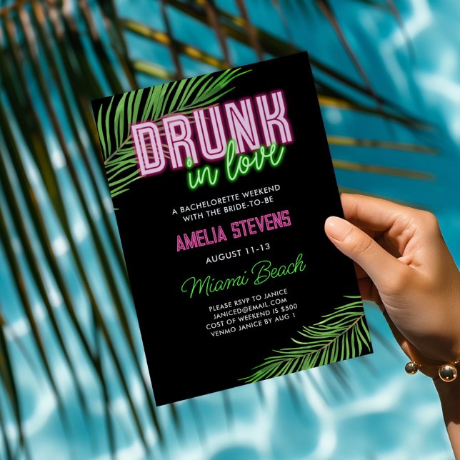 Drunk In Love Neon Green & Pink Tropical Bach Invitation (Creator Uploaded)