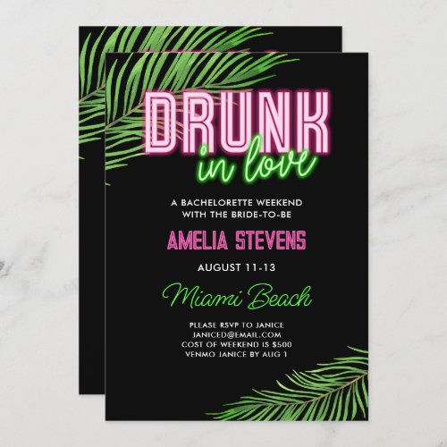 Drunk In Love Neon Green  Pink Tropical Bach Invitation