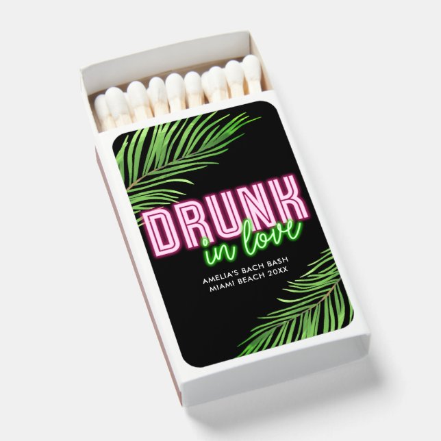 Drunk In Love Neon Green & Pink Tropical Bach Matchboxes (Front Open)