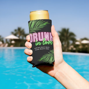 Drunk In Love Neon Green & Pink Tropical Bach Seltzer Can Cooler
