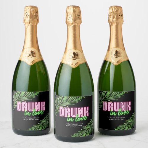 Drunk In Love Neon Green  Pink Tropical Bach Sparkling Wine Label