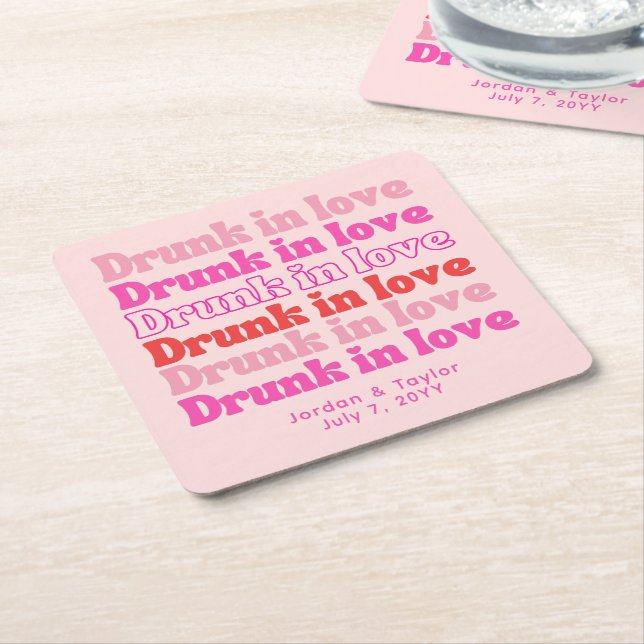 Drunk in Love Personalized Retro Pink Wedding Square Paper Coaster (Angled)