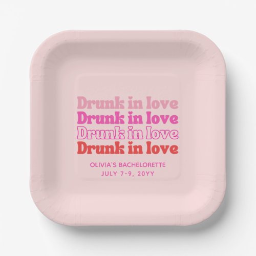 Drunk in Love Pink Retro Bachelorette Party Paper Plates