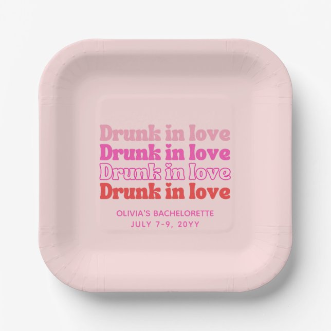 Drunk in Love Pink Retro Bachelorette Party Paper Plates (Front)