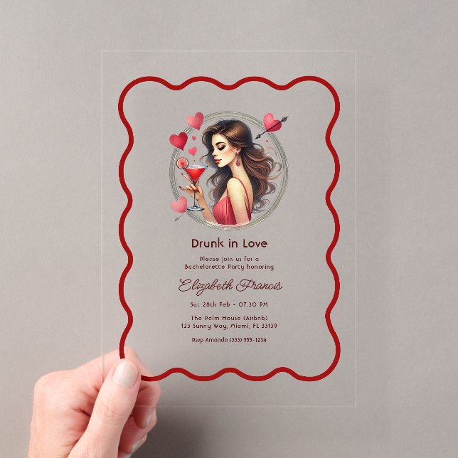 Drunk in Love Romantic Martini Bachelorette Party Acrylic Invitations (Insitu (Handheld))
