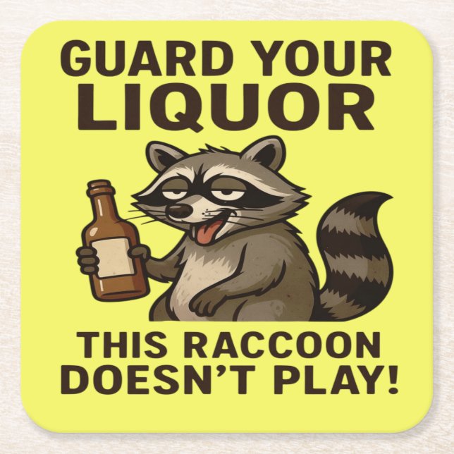 Drunk Raccoon Square Paper Coaster (Front)