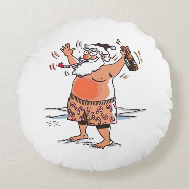 Drunk Santa round red poly pillow (Front)
