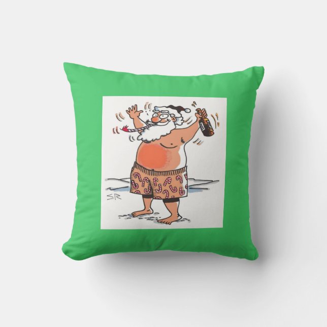 Drunk Santa square green throw pillow (Front)