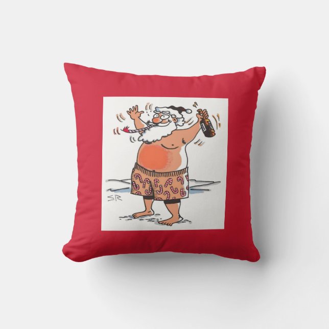 Drunk Santa square red throw pillow (Front)