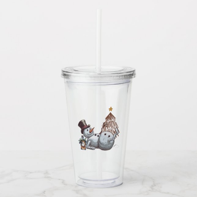Drunk snowman with a bottle of whiskey. acrylic tumbler (Front)
