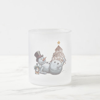 Drunk snowman with a bottle of whiskey. frosted glass coffee mug
