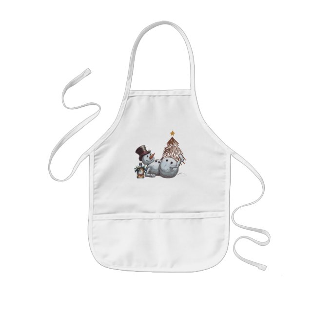 Drunk snowman with a bottle of whiskey. kids' apron (Front)