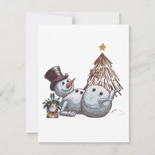 Drunk snowman with a bottle of whiskey. note card