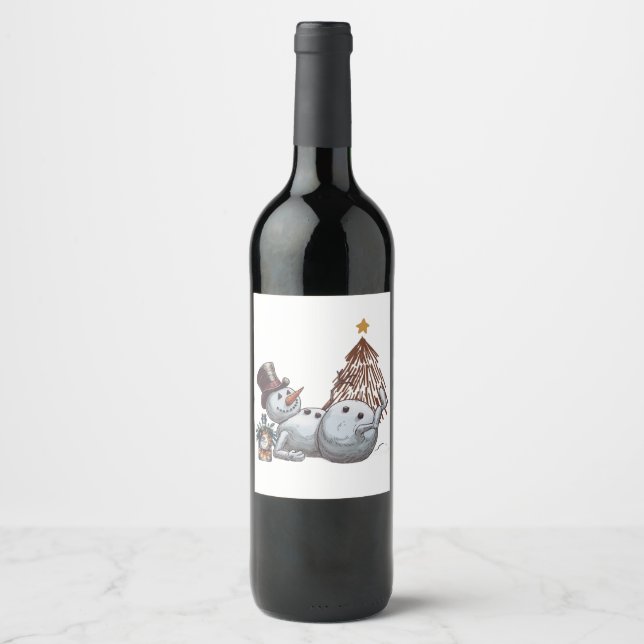 Drunk snowman with a bottle of whiskey. wine label (Front)