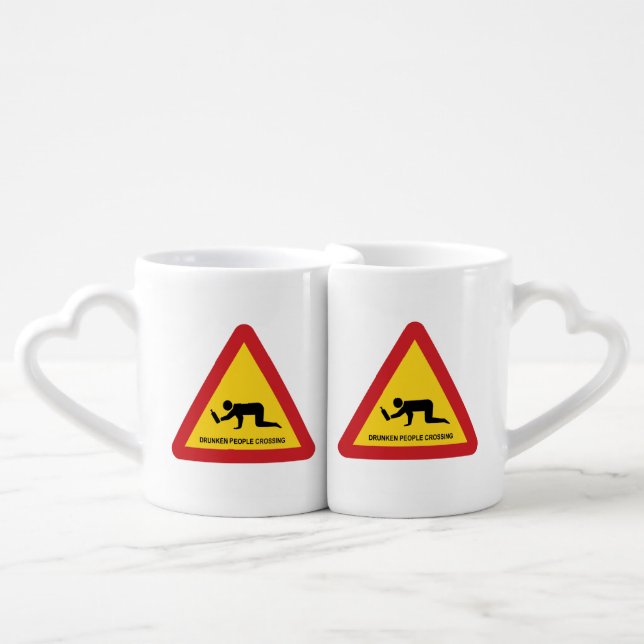 DRUNKEN PEOPLE CROSSING TRAFFIC SIGN COFFEE MUG SET (Front Nesting)