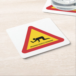 DRUNKEN PEOPLE CROSSING TRAFFIC SIGN SQUARE PAPER COASTER