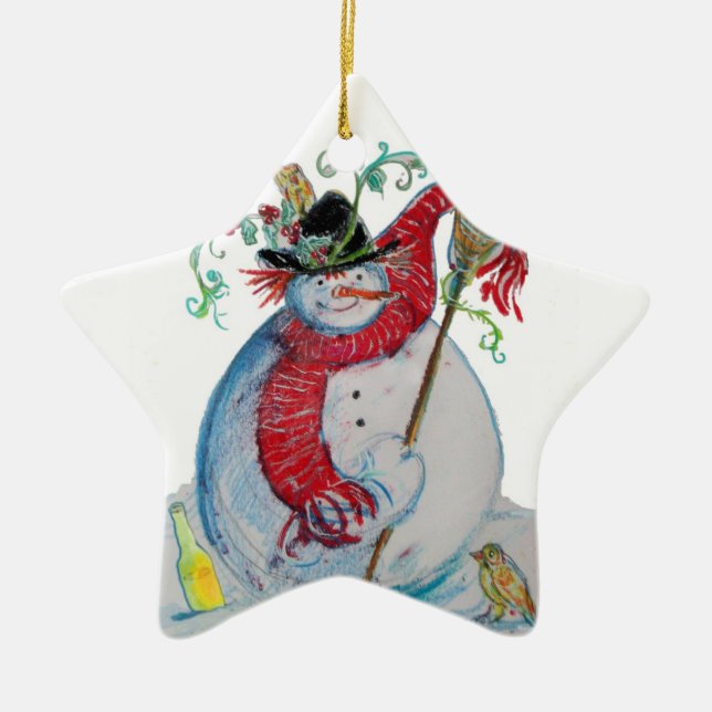 DRUNKEN SNOWMAN Winter Holiday Party Star Ceramic Ornament (Front)