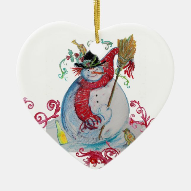 DRUNKEN SNOWMAN WITH BIRDS Red Flourishes Heart Ceramic Ornament (Front)