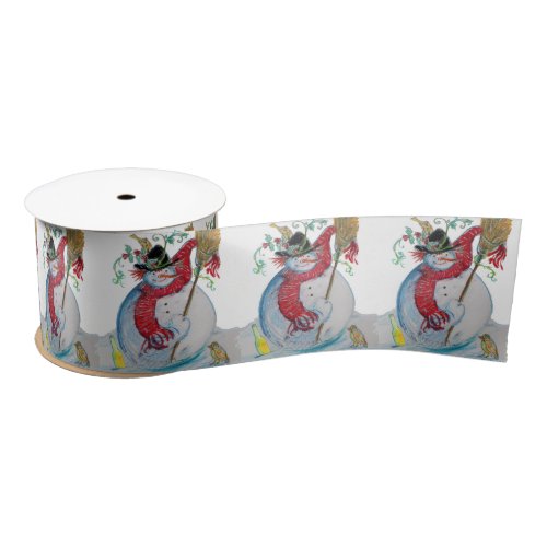 DRUNKEN SNOWMAN WITH BIRDS WINTER GREETINGS SATIN RIBBON