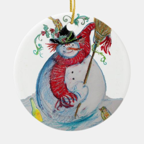 DRUNKEN SNOWMAN WITH BIRDS WINTER HOLIDAY PARTY CERAMIC ORNAMENT