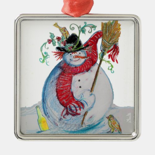 DRUNKEN SNOWMAN WITH BIRDS WINTER HOLIDAY PARTY METAL ORNAMENT