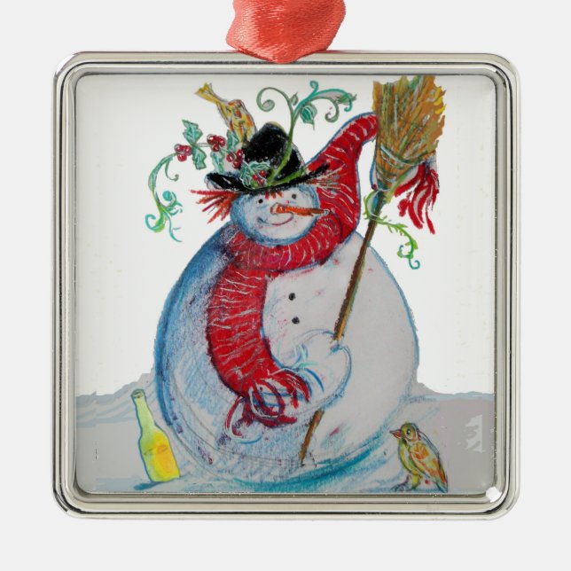 DRUNKEN SNOWMAN WITH BIRDS WINTER HOLIDAY PARTY METAL ORNAMENT (Front)
