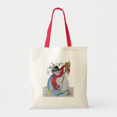 DRUNKEN SNOWMAN WITH BIRDS Winter Season Tote Bag