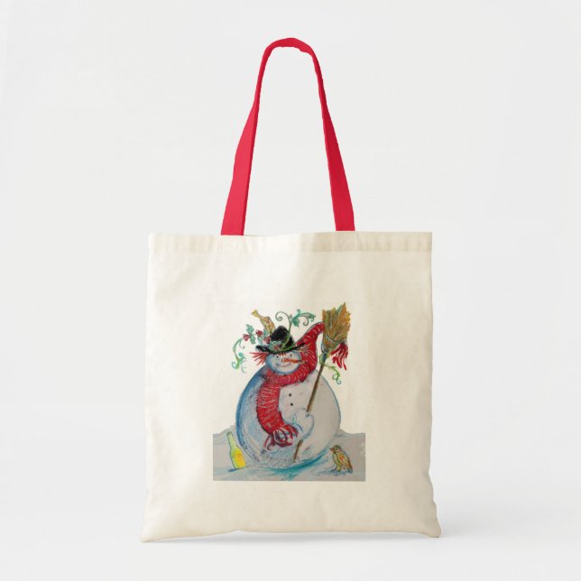 DRUNKEN SNOWMAN WITH BIRDS Winter Season Tote Bag (Front)