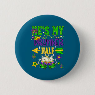 Drunker half mardi gras couple drinking beer button