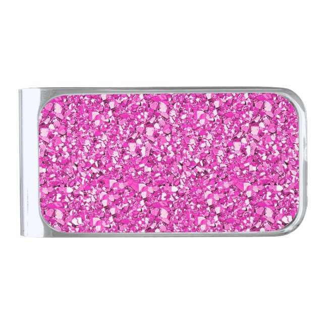 Druzy crystal - fuchsia pink silver finish money clip (Front)