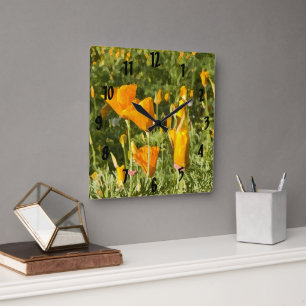 Dry Brush Effect on California Poppy Photograph Square Wall Clock