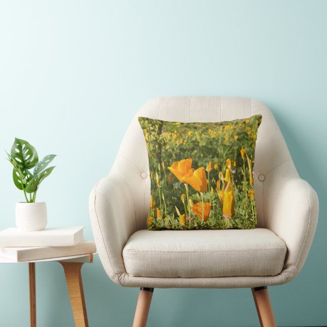 Dry Brush Effect on California Poppy Photograph Throw Pillow (Chair)