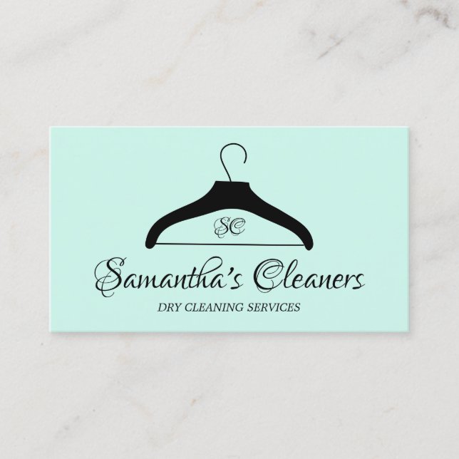 Dry Cleaners Monogram Green Laundormat Hanger Business Card (Front)