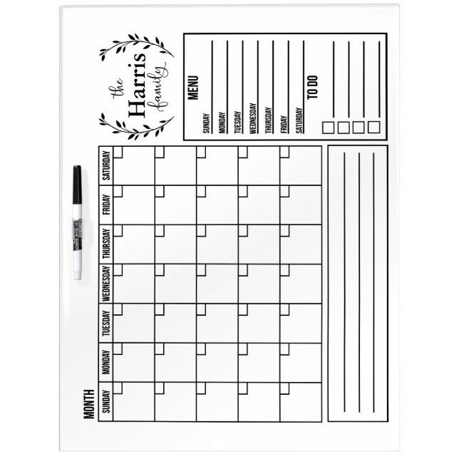 Dry Erase Calendar- Family Command Center Dry Erase Board (Front)