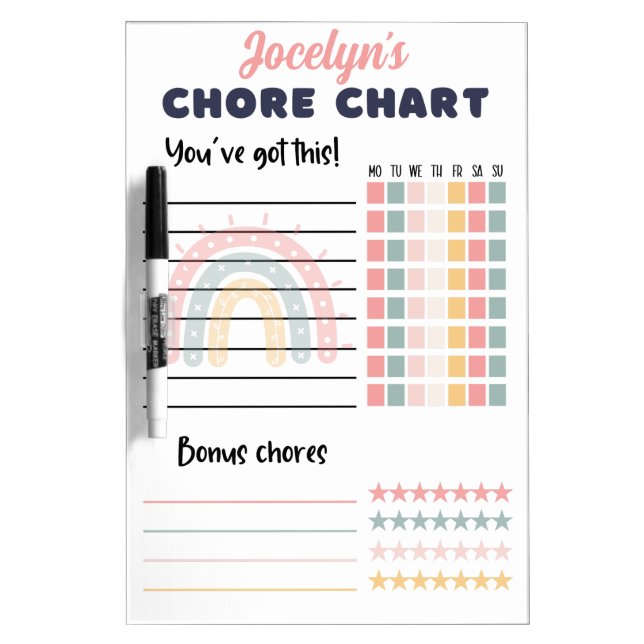 Dry Erase Chore chart, reusable boho rainbow Dry Erase Board (Front)
