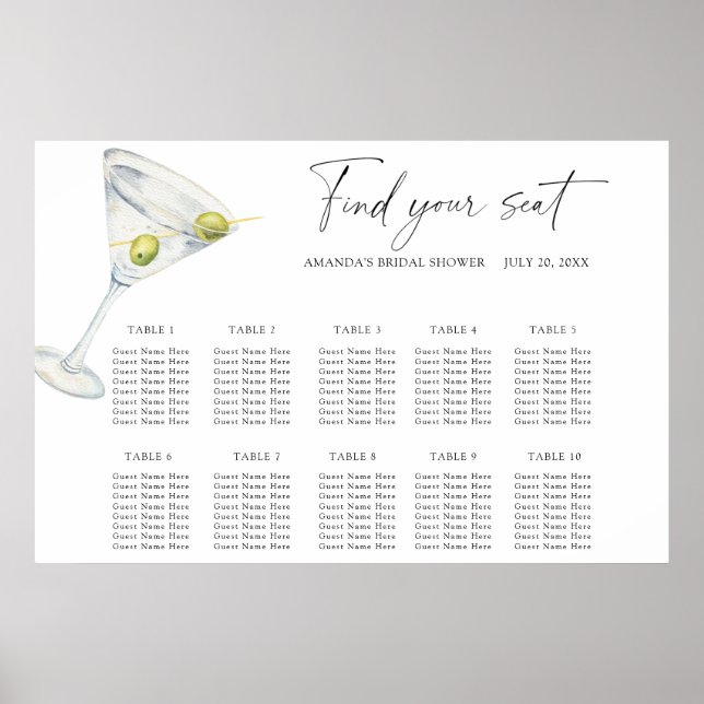 Dry Martinis Cocktail Wedding seating chart (Front)
