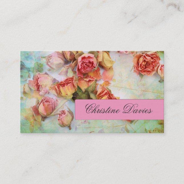 Dry roses on green vintage business card (Front)