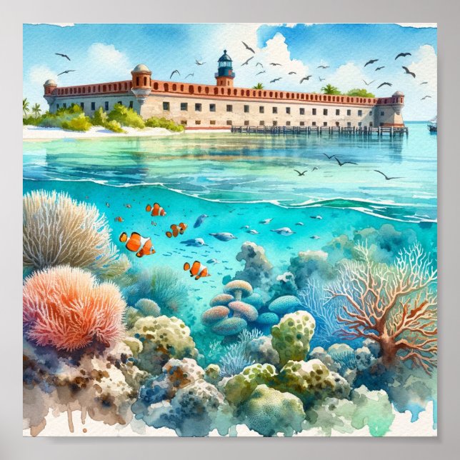 Dry Tortugas National Park Fort watercolor Poster (Front)