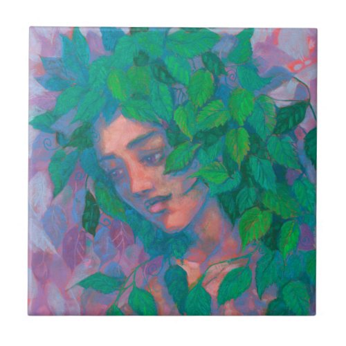 Dryad Tree Spirit Green Leaves Surreal Fantasy Art Ceramic Tile