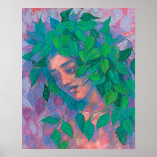 Dryad Tree Spirit Green Leaves Surreal Fantasy Art Poster