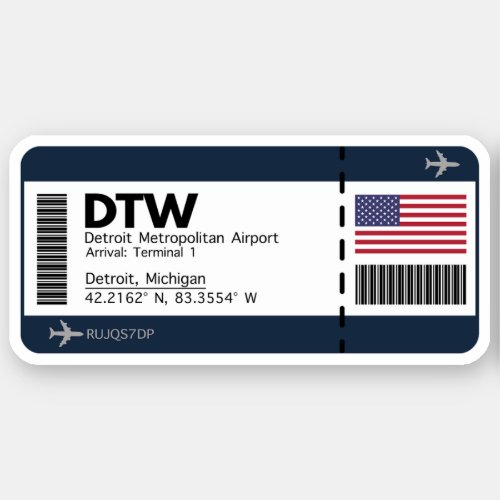 DTW Detroit Boarding Pass _ United States Ticket Sticker