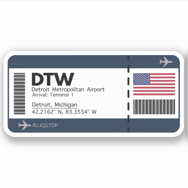DTW Detroit Boarding Pass - United States Ticket Sticker (Front)