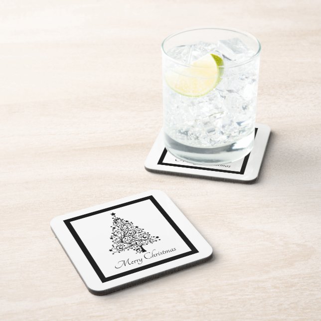 Dual Black and White Minimalistic Christmas Trees Beverage Coaster (Right Side)